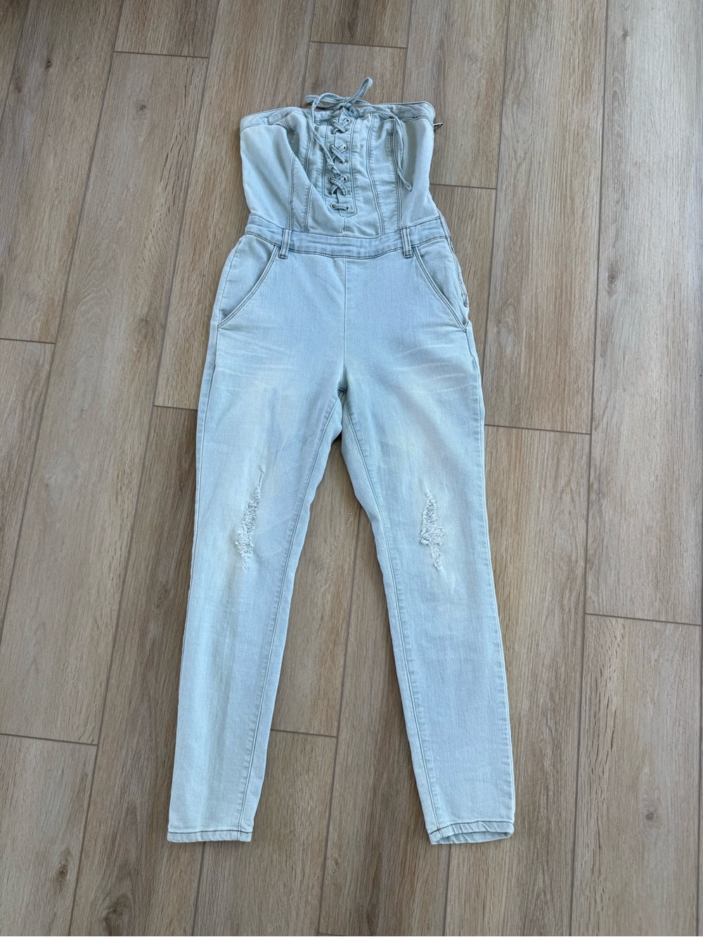 VENUS Light Blue Lace-Up Strapless Denim Jumpsuit